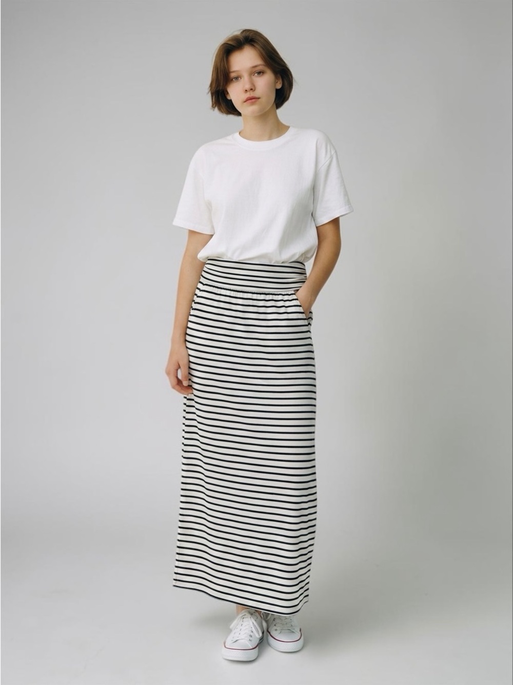 Mossimo Supply Co Striped Maxi Skirt XL White Navy Fold Over Waist Stretch